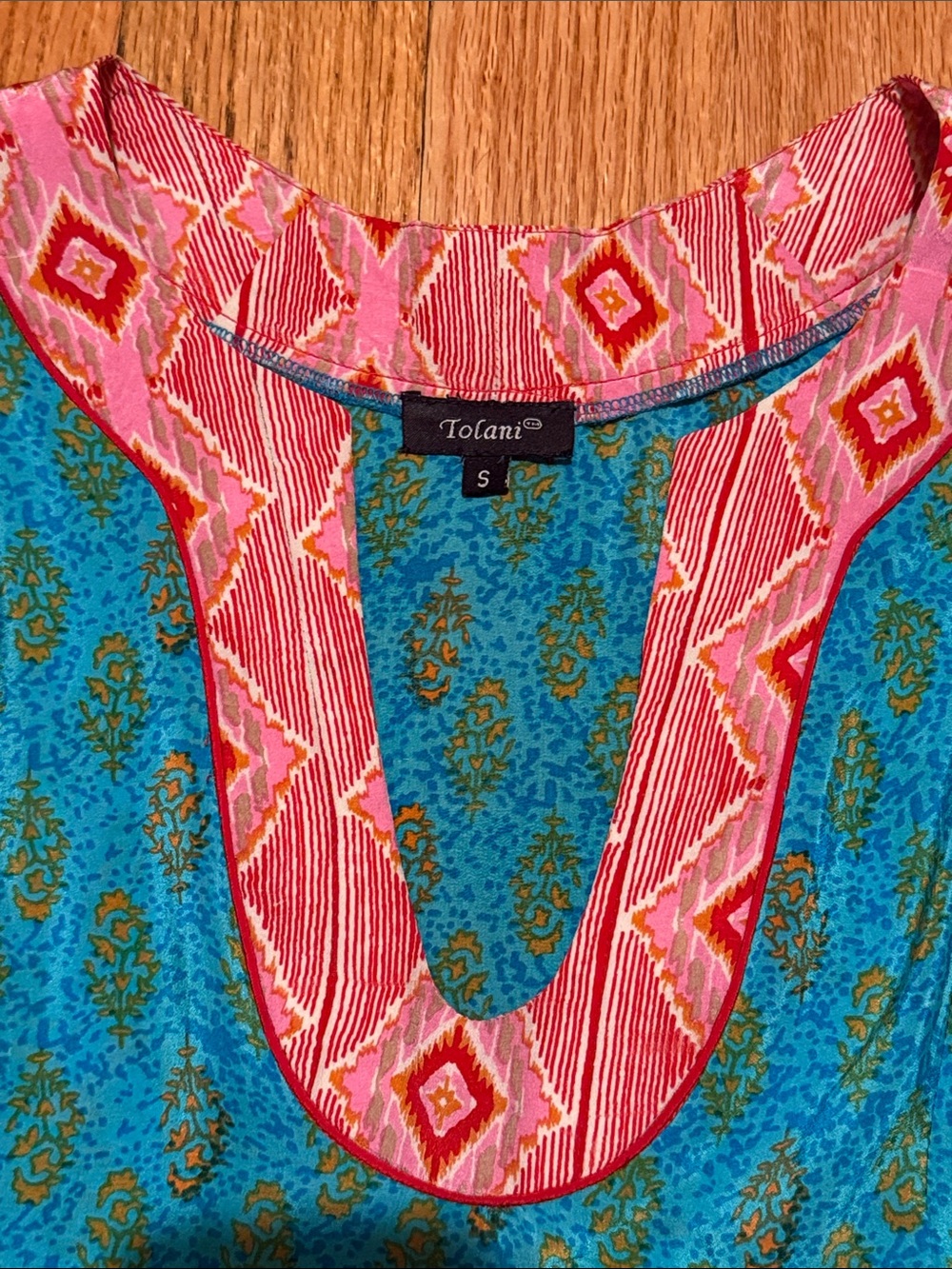 Tolani 100% Silk Boho Luxe Tunic Dress Turquoise Pink Geometric Ruffle Hem Small - Picture 6 of 15